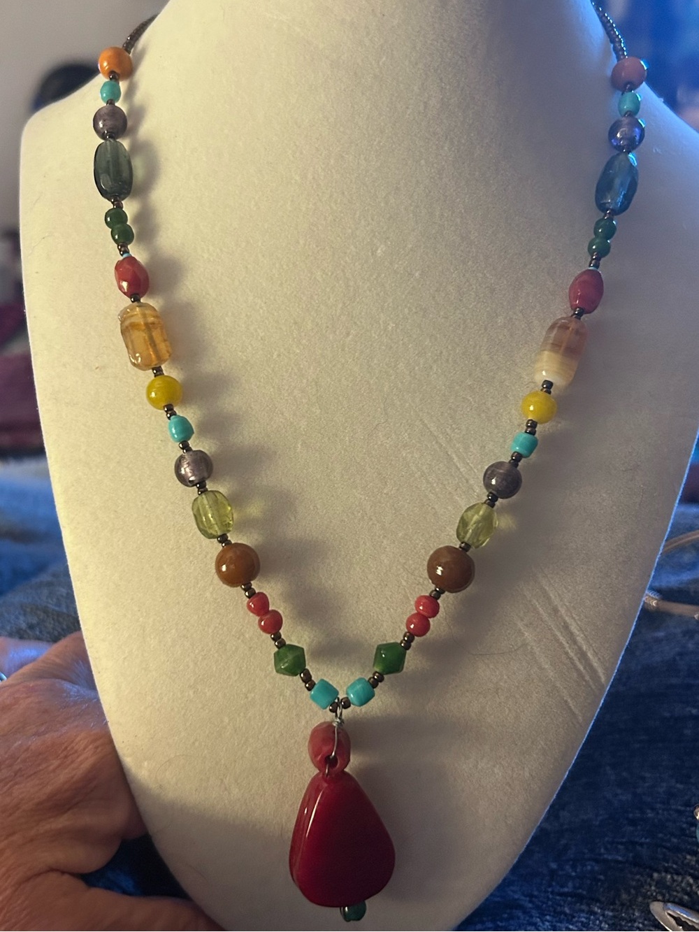 Vintage boho teardrop pendant necklace withcolorful artisan gem and glass strand
